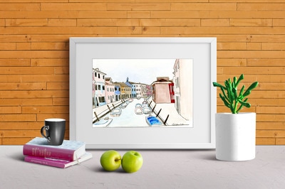 Watercolor illustration of a street in Burano, Italy
