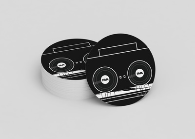 Round stickers with graphic illustration featuring RVA as text on a boombox