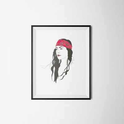 Graphic illustration of a woman wearing a red bandana with long black hair and red lipstick