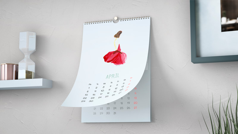 Wall calendar of a girl in a red flower dress illustrated in watercolor